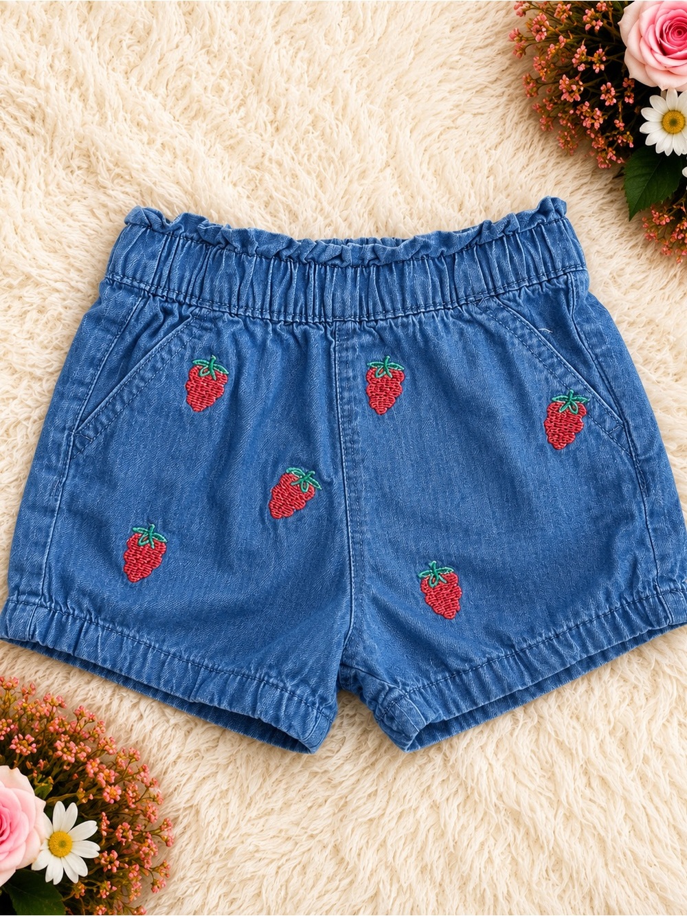 Denim Girls' Shorts with Red Strawberry Embroidery